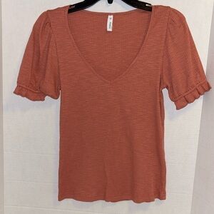 WISHLIST BRAND  DARK PINK…MAUVEY COLOR TOP WITH SMALL RUFFLE ON SHORT SLEEVES
